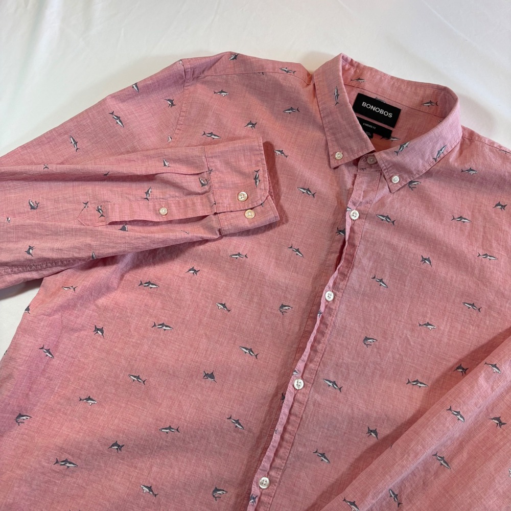 Bonobos Button Down Shirt XXL Long Pink‎ Shark Embroidered Standard Fit Cotton